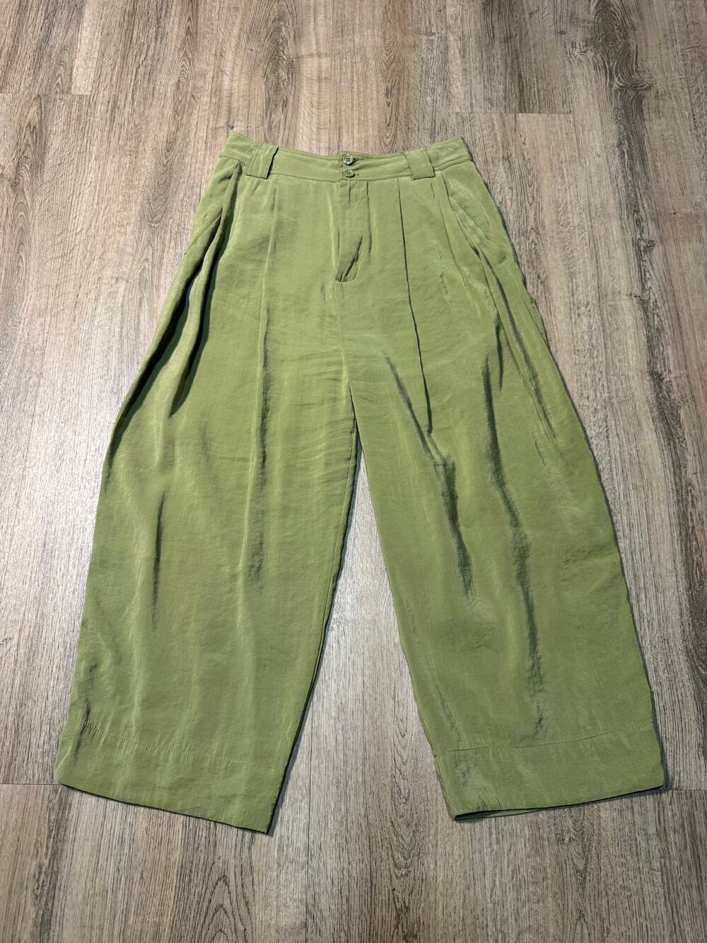 Anthropologie Women's Olive Green Pleated Wide-Leg Chino Pants